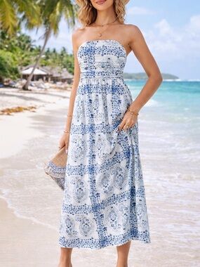 Grace Karin Women's Strapless Ruched Maxi Dress Floral White Size Small